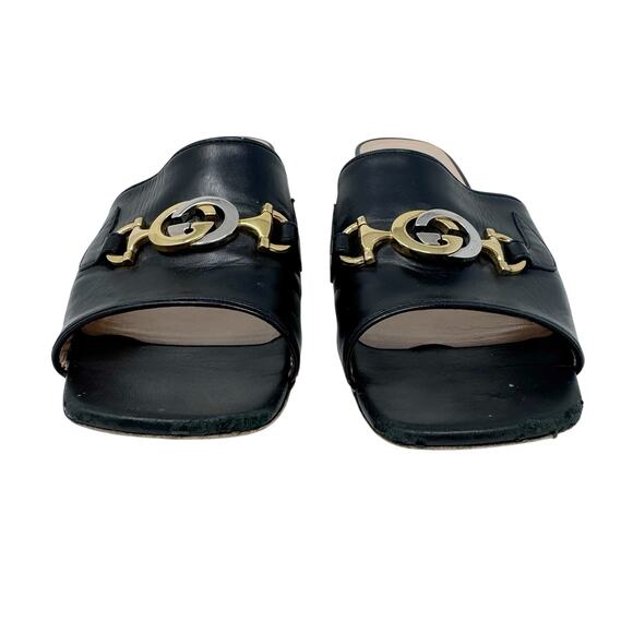 Gucci Zumi Black Leather GG Logo Slide Sandals Low Heel Mules Made Italy EU 38 - Picture 2 of 10